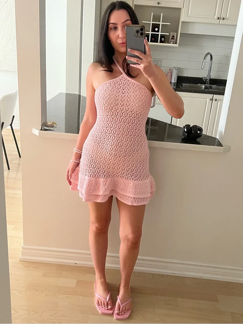 Meshki Crochet Halter Baby Pink Mini Dress - Picture 2 of 3